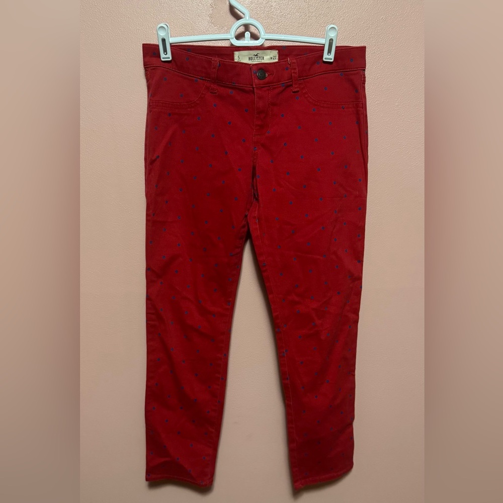 Hollister Red Skinny Jeans with Navy Dot Print